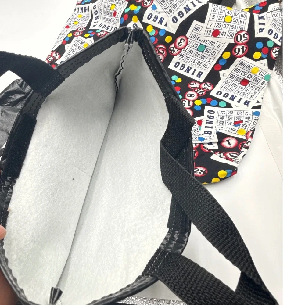 Bingo Card Print Tote Bag Set of 2 Black Novelty Gaming Shoulder Bags Retro